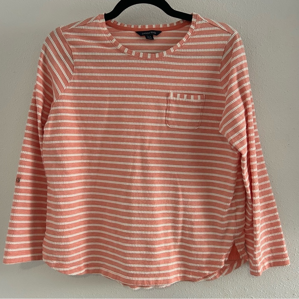 Lands' End Coral & White Striped Crewneck Knit Top